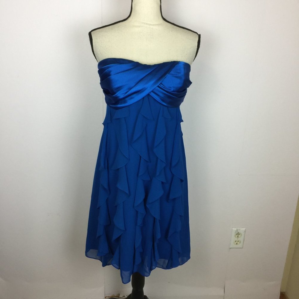 XSCAPE Joanna Chen Strapless Mini Dress Size 10 Blue Satin Ruffle Padded